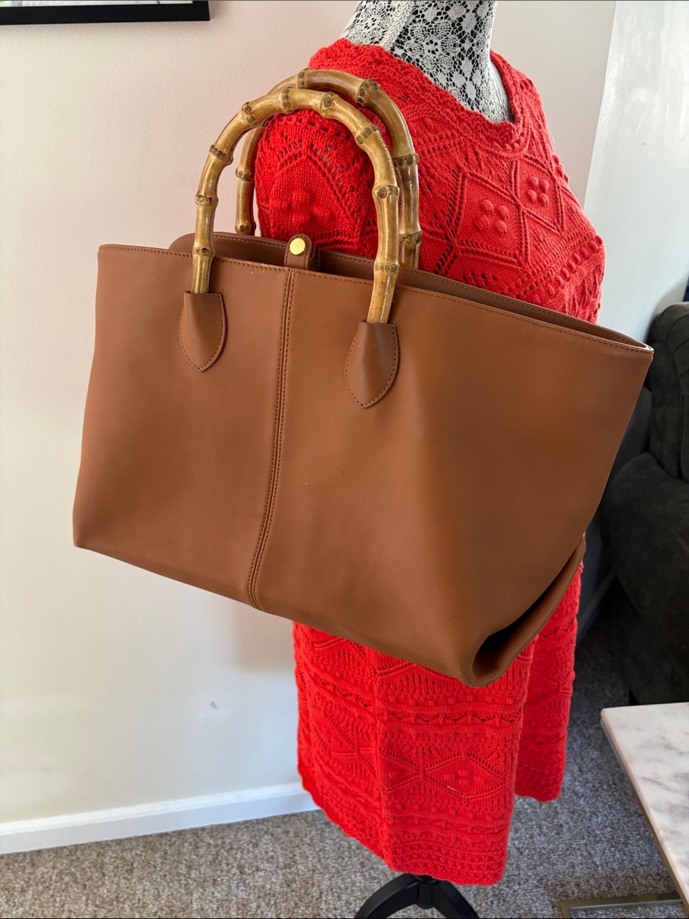 J. McLaughlin Bamboo-Handle Shoulder Chestnut Brown Tote Bag-Gorgeous!